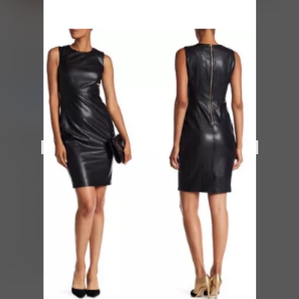 NWT CALVIN KLEIN Faux Leather Sheath Dress Exposed Back Zipper Sz 12 Black $134